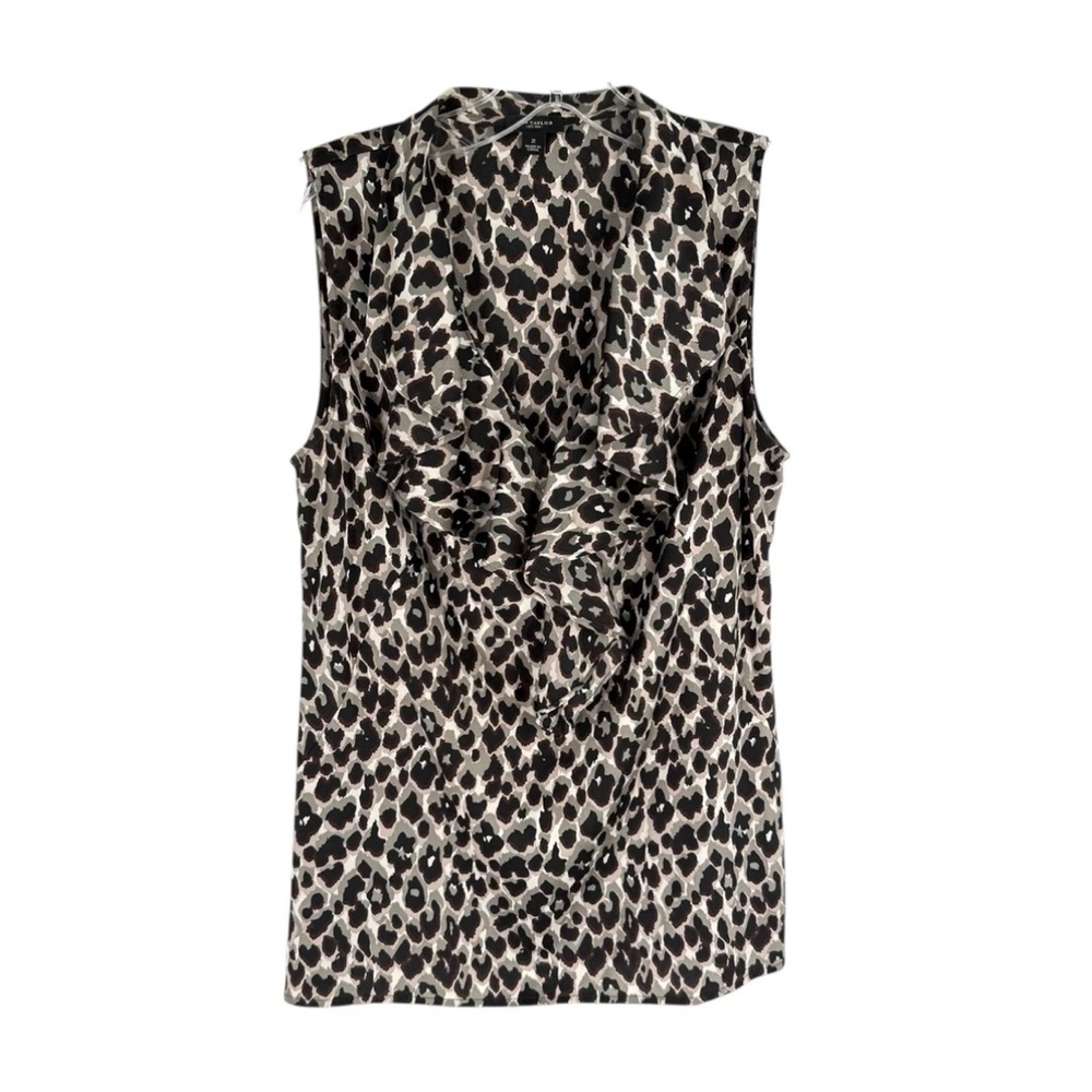 Ann Taylor Blouse Womens Size 2 Animal Print Ruffle V-Neck Sleeveless Career
